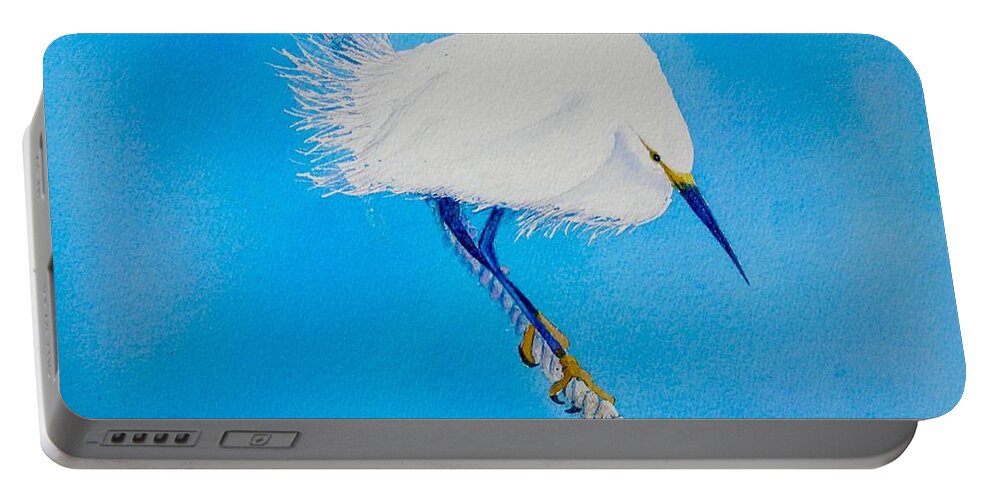 Blue Portable Battery Charger featuring the painting Bird on a Wire by Midge Pippel