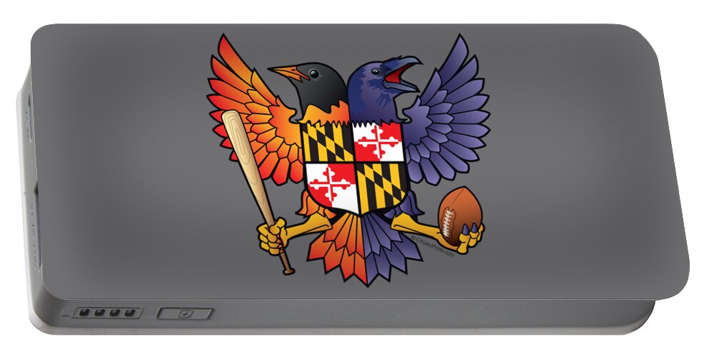 Birdland Portable Battery Charger featuring the digital art Birdland Baltimore Raven and Oriole Maryland Shield by Joe Barsin