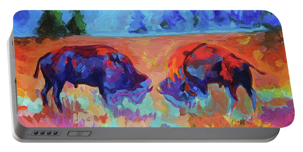 Bison Contest Portable Battery Charger featuring the painting Bison Contest by Thomas Bertram POOLE