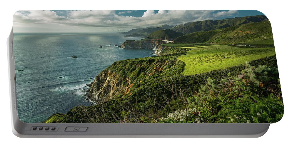 Clouds Portable Battery Charger featuring the photograph Bixby Bridge on the Coast by Rick Strobaugh