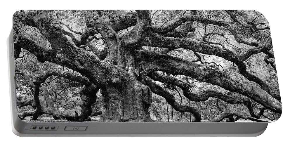 Angel Oak Portable Battery Charger featuring the photograph Black and White Angel Oak Tree by Louis Dallara