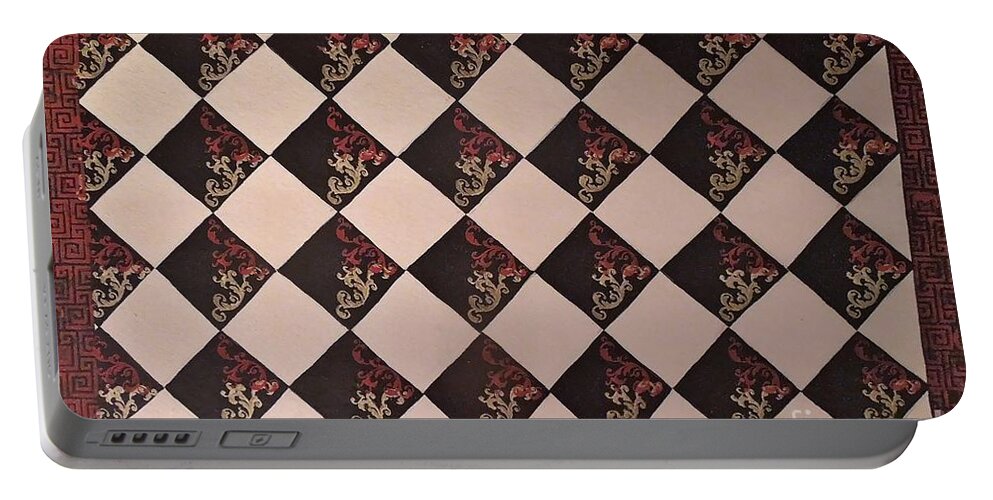 Black Portable Battery Charger featuring the mixed media Black and White Checkered Floor Cloth by Judith Espinoza