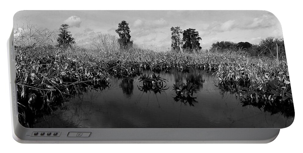 Black And White Portable Battery Charger featuring the photograph Black and White Marsh on Heron Hideout Trail by Christopher Mercer