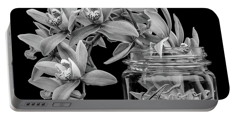 Orchid Portable Battery Charger featuring the photograph Black and White Orchid Antique Mason Jar by Kathy Anselmo
