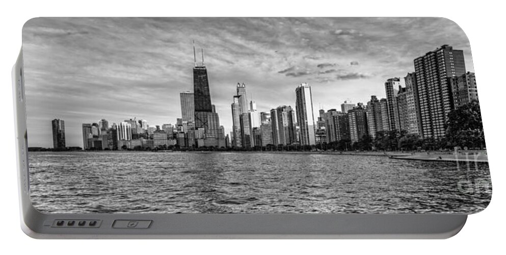 Windy Portable Battery Charger featuring the photograph Black and White Panorama of Chicago from North Avenue Beach Lincoln Park - Chicago Illinois by Silvio Ligutti