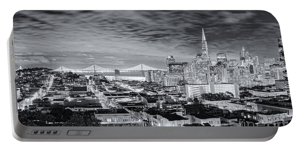 Downtown Portable Battery Charger featuring the photograph Black and White Panorama of San Francisco Skyline and Oakland Bay Bridge from Ina Coolbrith Park by Silvio Ligutti