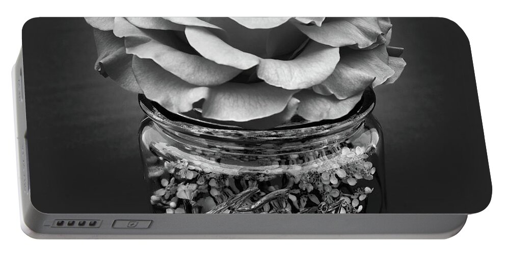 Rose Portable Battery Charger featuring the photograph Black and White Rose Antique Mason Jar 2 by Kathy Anselmo