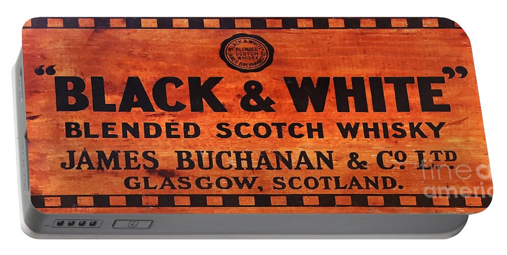 Black & White Scotch Whiskey Wood Sign Portable Battery Charger featuring the photograph Black and White Scotch Whiskey Wood Sign by Jon Neidert