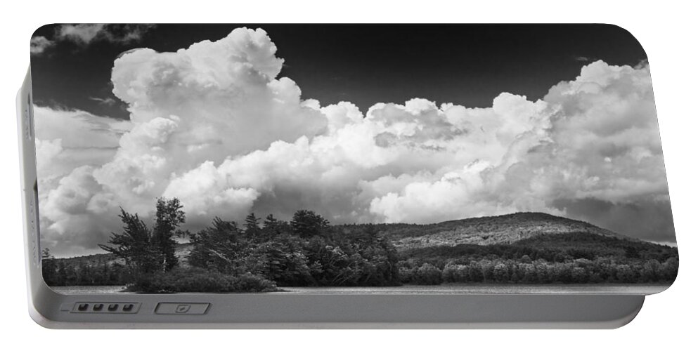 Maine Portable Battery Charger featuring the photograph Black And white Vienna Maine Flying Pond With Storm Clouds Fine Art Print by Keith Webber Jr