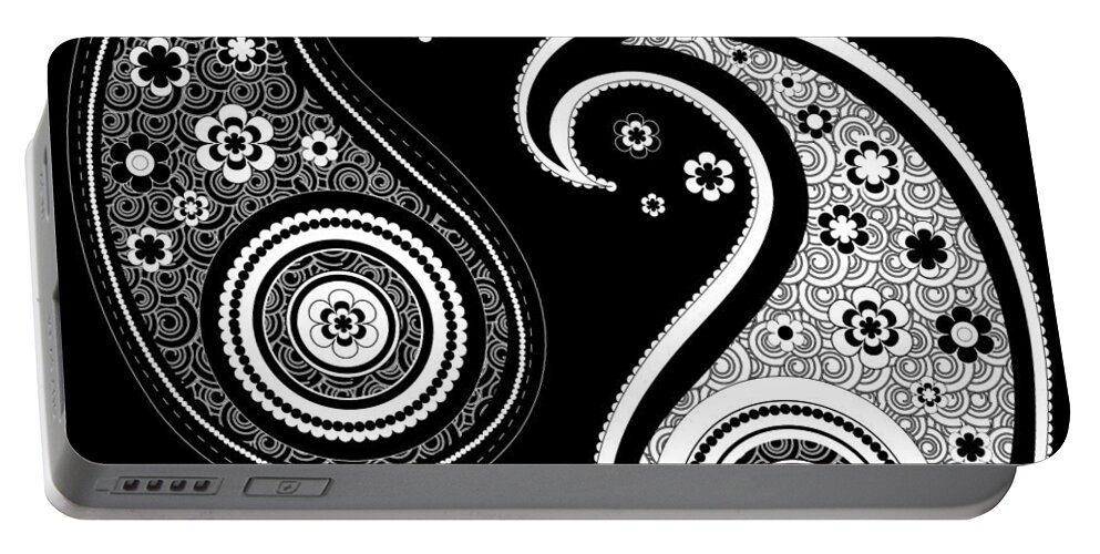 Black And White Portable Battery Charger featuring the digital art Black And White Yin Yang Paisley Design by Serena King