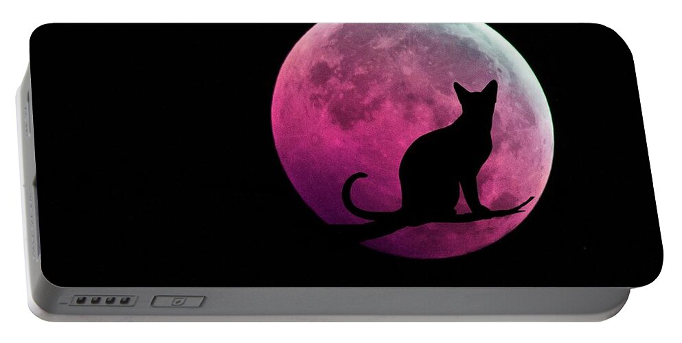 Full Moon Portable Battery Charger featuring the digital art Black Cat and Pink Full Moon by Marianna Mills