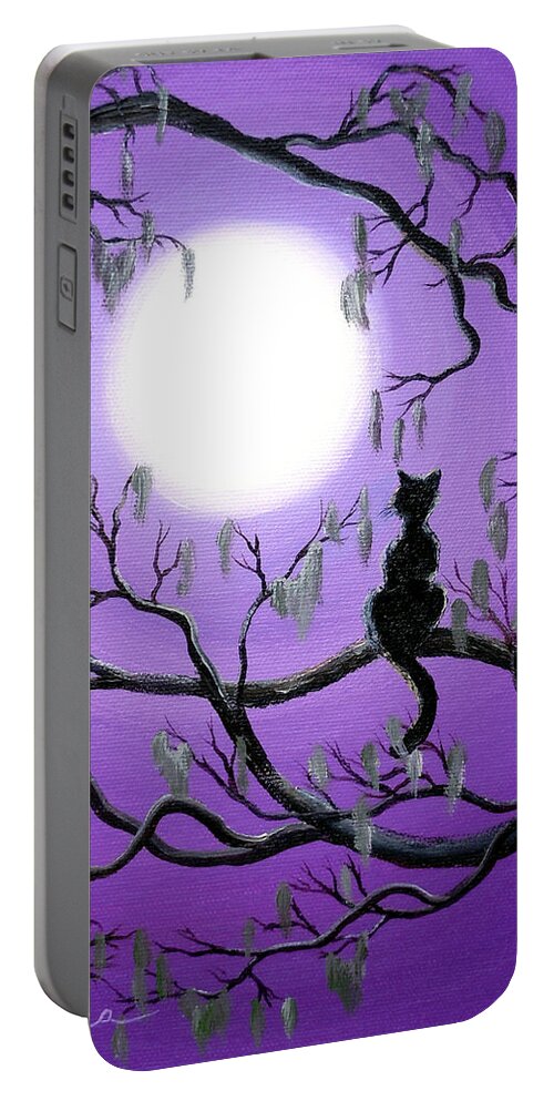 Painting Portable Battery Charger featuring the painting Black Cat in Mossy Tree by Laura Iverson