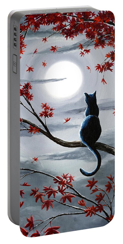 Zen Portable Battery Charger featuring the painting Black Cat in Silvery Moonlight by Laura Iverson