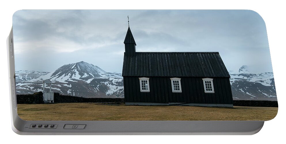 Budir Church Portable Battery Charger featuring the photograph Black church of Budir, Iceland by Michalakis Ppalis