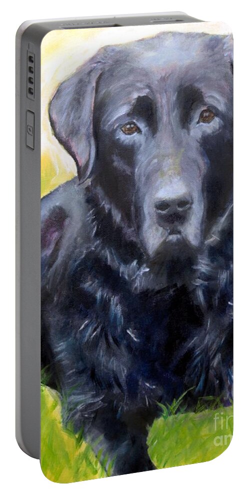 Black Lab Portable Battery Charger featuring the painting Black Lab Pet Portrait by Kristen Abrahamson