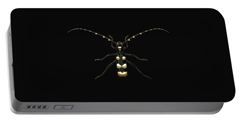 'beasts Creatures And Critters' Collection By Serge Averbukh Portable Battery Charger featuring the digital art Black Longhorn Beetle with Gold Accents on Black Canvas by Serge Averbukh