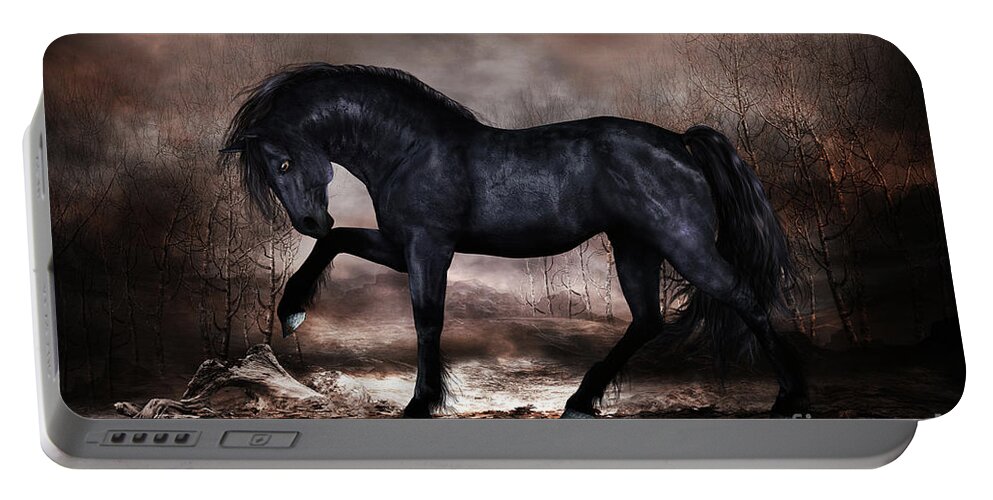 Black Stallion Portable Battery Charger featuring the mixed media Black Stallion by Shanina Conway