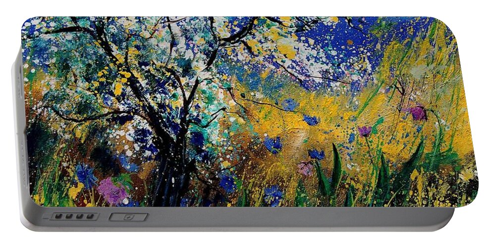 Spring Portable Battery Charger featuring the painting Blooming appletree by Pol Ledent
