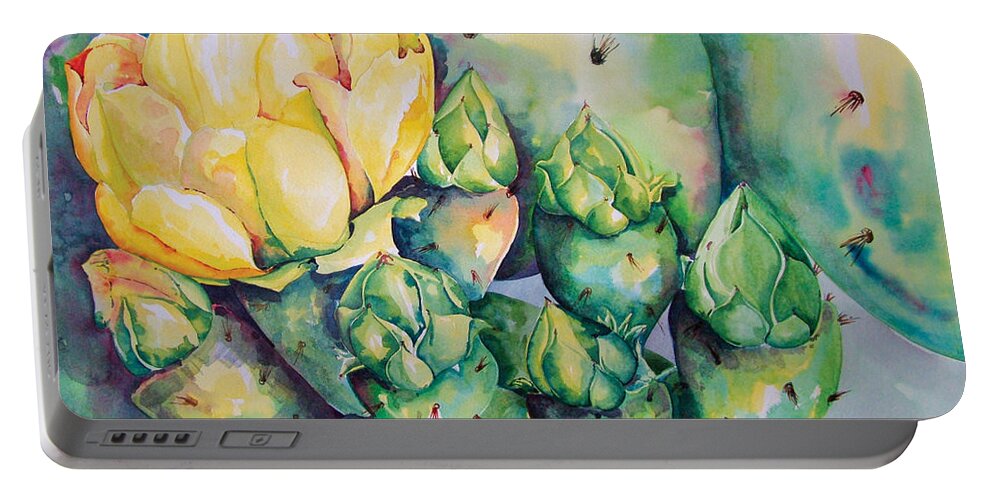 Desert Flowers Portable Battery Charger featuring the painting Blooming Cactus by Kandyce Waltensperger