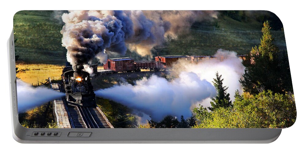 Steam Train Portable Battery Charger featuring the photograph Blowdown on Lobato Trestle by Ken Smith