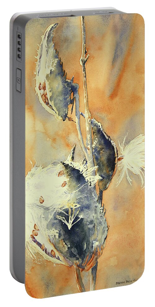 Milkweed Portable Battery Charger featuring the painting Blowing in the Wind by Brenda Beck Fisher