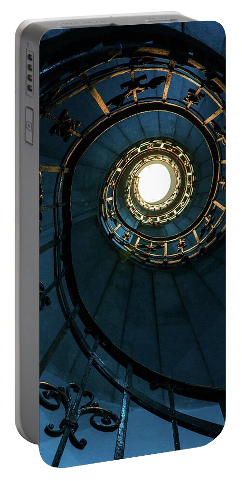 Blue Portable Battery Charger featuring the photograph Blue and golden spiral staircase by Jaroslaw Blaminsky