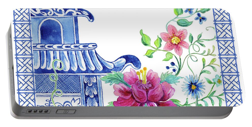 Chinese Portable Battery Charger featuring the painting Blue Asian Influence 10 Vintage Style Chinoiserie Floral Pagoda w Chinese Chippendale Border by Audrey Jeanne Roberts