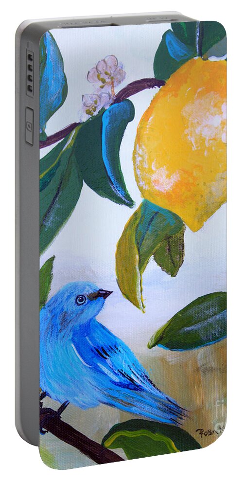 Blue Bird Portable Battery Charger featuring the painting Blue Bird in Lemon Tree by Robin Pedrero