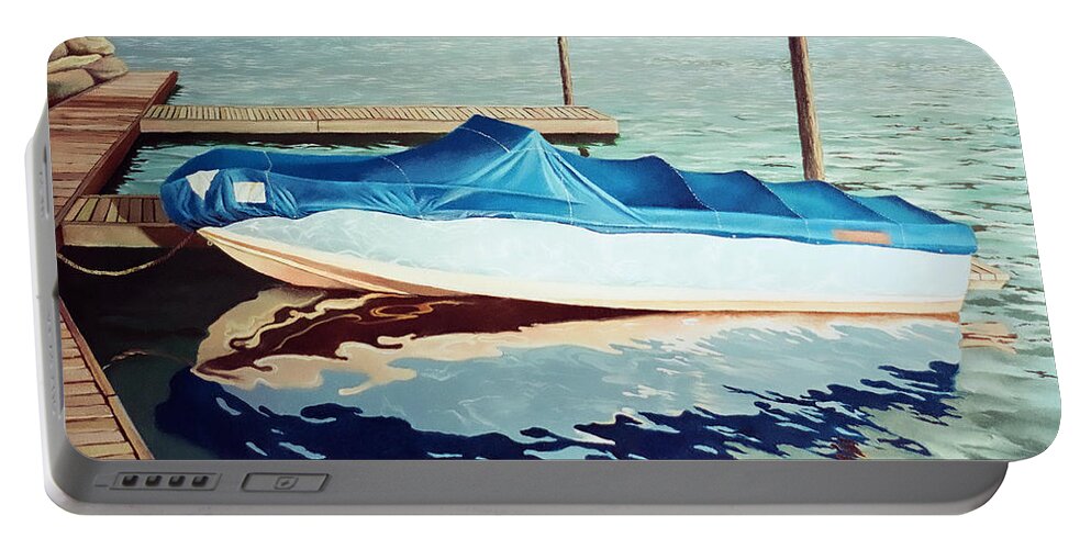 Blue Boat Portable Battery Charger featuring the painting Blue Boat by Christopher Shellhammer