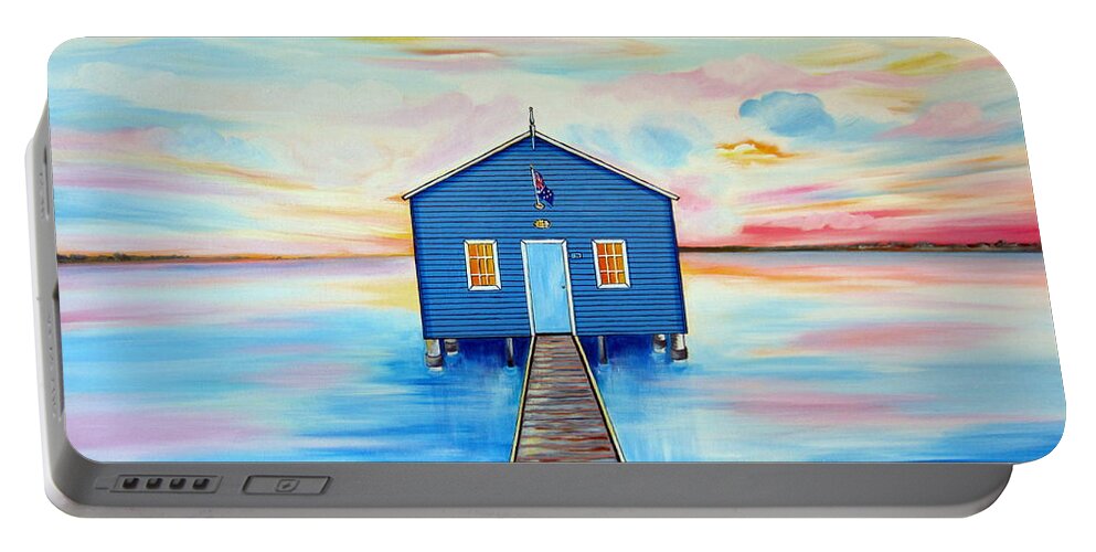 Swan River Portable Battery Charger featuring the painting Blue Boat Shed by the Swan River Perth by Roberto Gagliardi