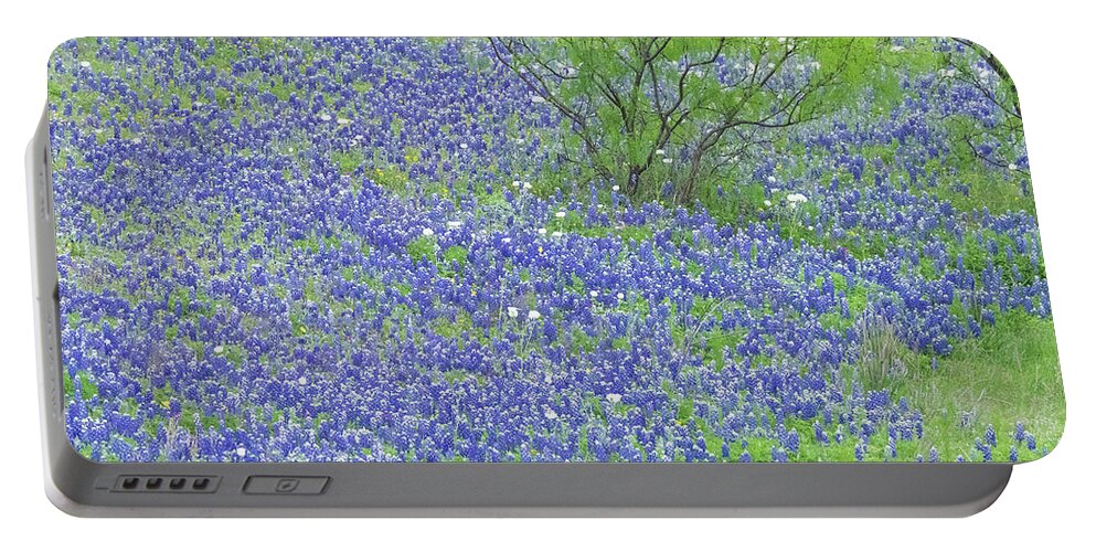 Camera Portable Battery Charger featuring the photograph Blue bonnets,Poppies and Willow tree. by Usha Peddamatham