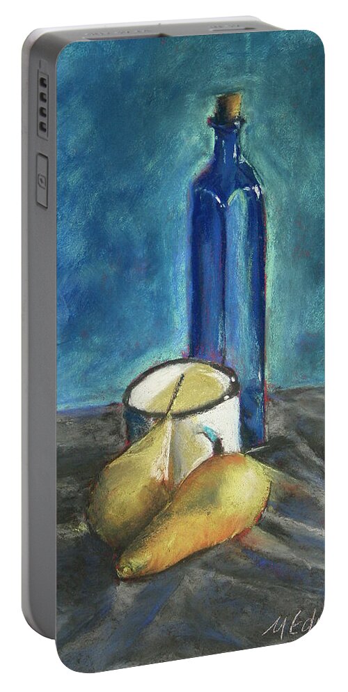 Hard Pastel Portable Battery Charger featuring the painting Blue Bottle and Pears by Marna Edwards Flavell