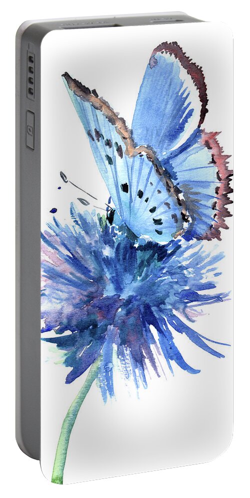 Butterfly Portable Battery Charger featuring the painting Blue Butterfly and Blue Flower by Suren Nersisyan