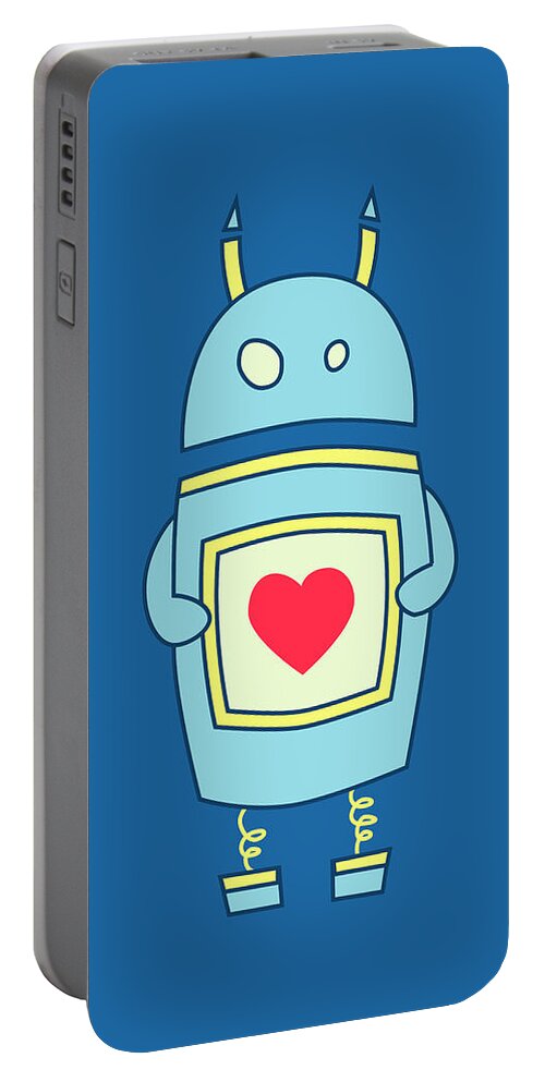 Blue Portable Battery Charger featuring the digital art Blue Cute Clumsy Robot With Heart by Boriana Giormova
