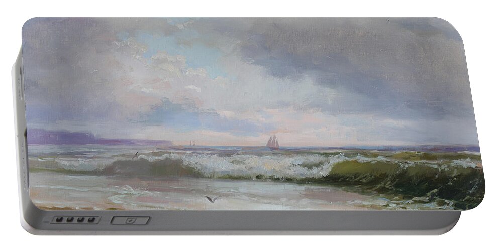 Russian Artists New Wave Portable Battery Charger featuring the painting Blue Day at the Sea Shore by Ilya Kondrashov