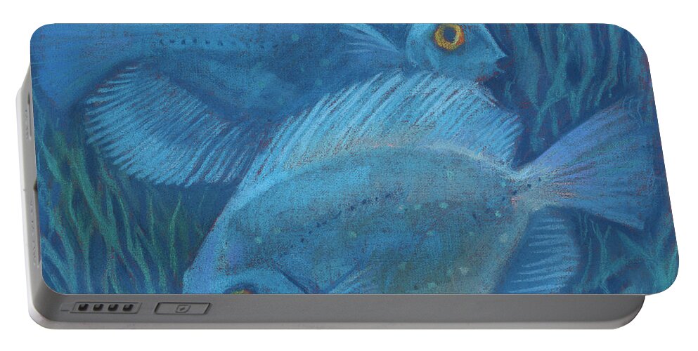 Underwater Portable Battery Charger featuring the painting Blue discuses by Julia Khoroshikh