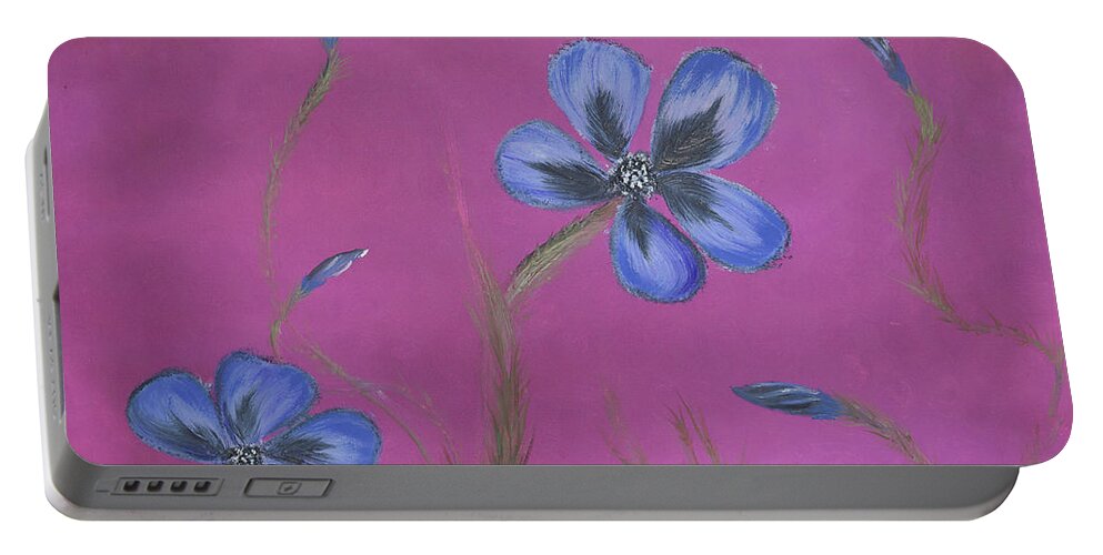 Fine Art Portable Battery Charger featuring the painting Blue Flower Magenta Background by Stephen Daddona
