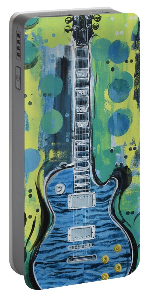 Guitar Portable Battery Charger featuring the painting Blue Gibson Guitar by John Gibbs
