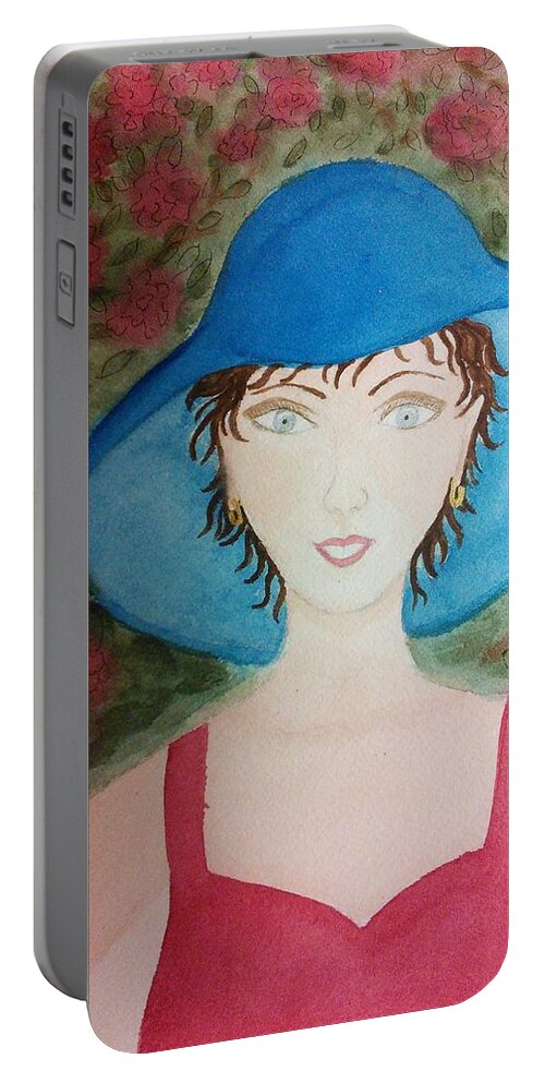 Blue Hat Portable Battery Charger featuring the painting Blue Hat by Susan Nielsen