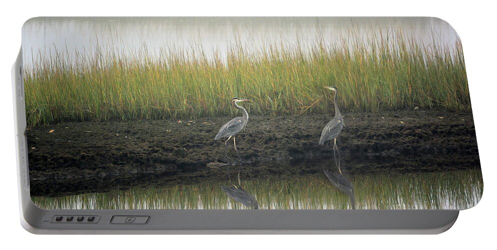 Marsh Portable Battery Charger featuring the photograph Blue herons on foggy marsh by Dianne Morgado