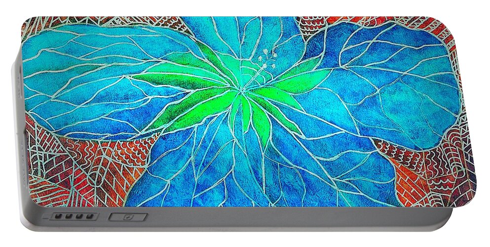 Blue Portable Battery Charger featuring the painting Blue Hibiscus abstract by Anne Sands