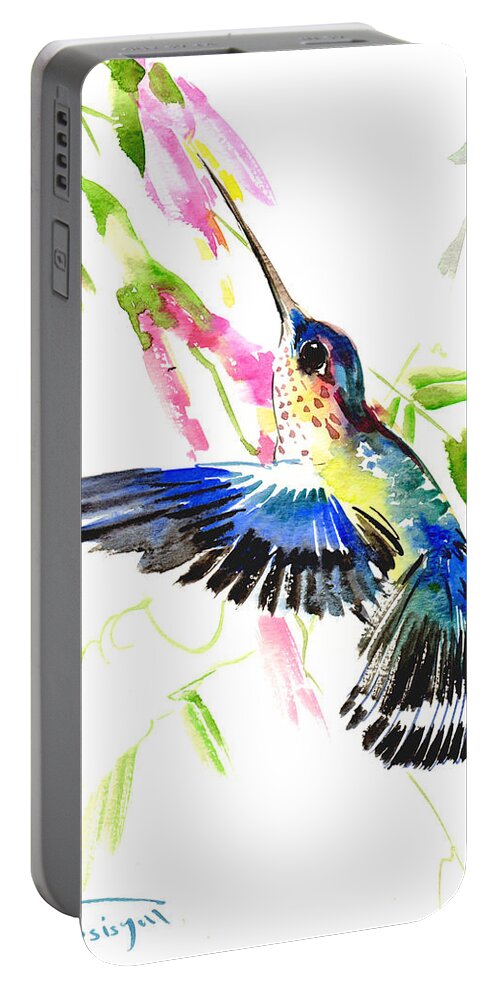 Flying Bird Portable Battery Charger featuring the painting Blue Hummingbird by Suren Nersisyan