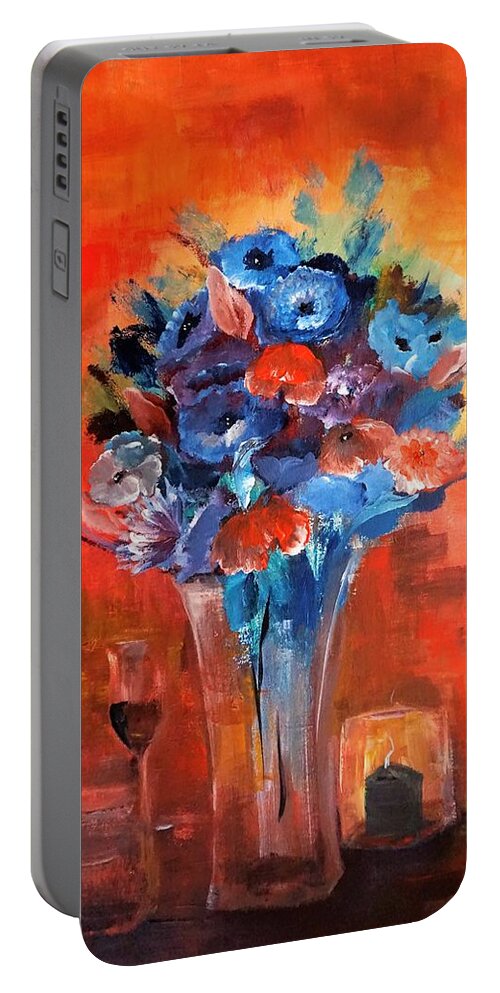 Blue Portable Battery Charger featuring the painting Blue In The Warmth Of Candlelight by Lisa Kaiser