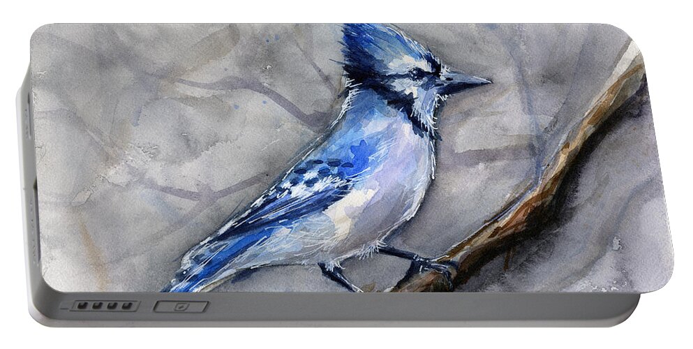 Animal Portable Battery Charger featuring the painting Blue Jay Watercolor by Olga Shvartsur