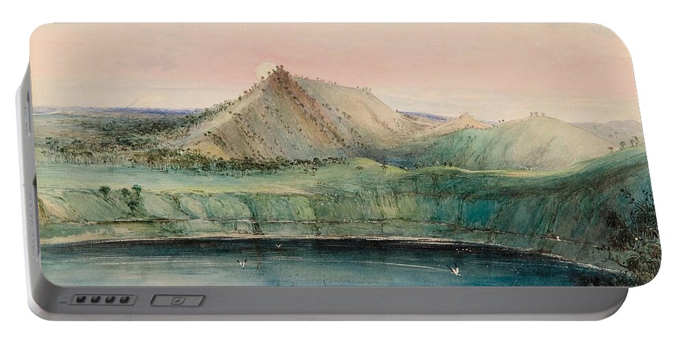 George French Angas Portable Battery Charger featuring the drawing Blue Lake. Mount Gambier by George French Angas