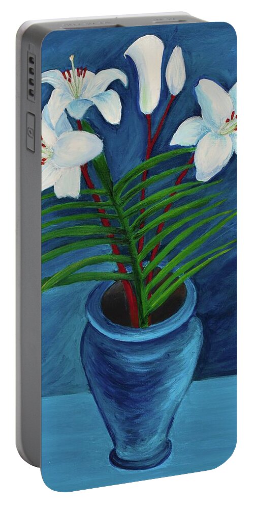 Lilies Portable Battery Charger featuring the painting Blue Lilies 20 x 16 by Santana Star