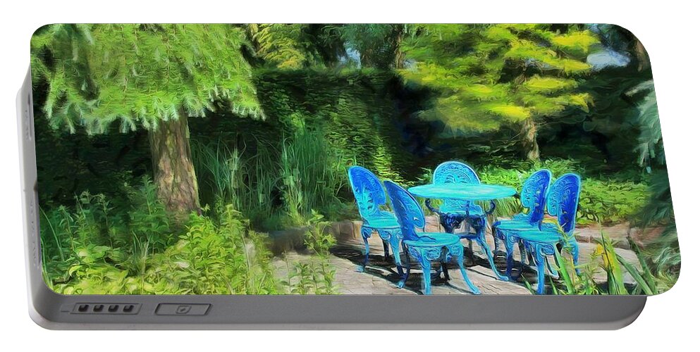 Blue Portable Battery Charger featuring the digital art Blue Mood in the Garden by Eva Lechner