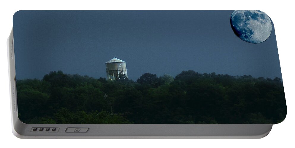 Blue Moon Portable Battery Charger featuring the photograph Blue Moon Over Zanesville Water Tower by David Yocum