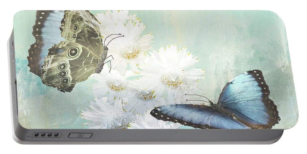 Morpho Portable Battery Charger featuring the photograph Blue Morpho Butterflies and White Gerbers by Janette Boyd