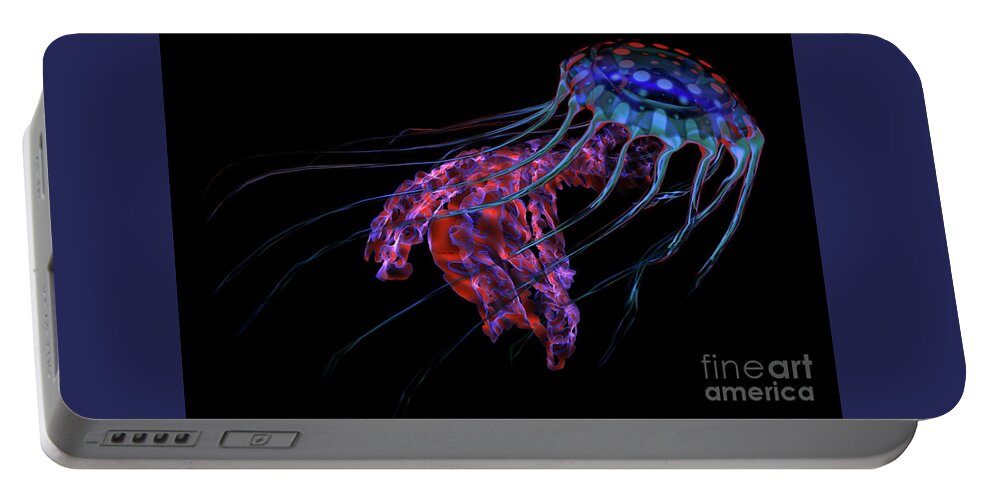 Jellyfish Portable Battery Charger featuring the digital art Blue Red Jellyfish on Black by Corey Ford